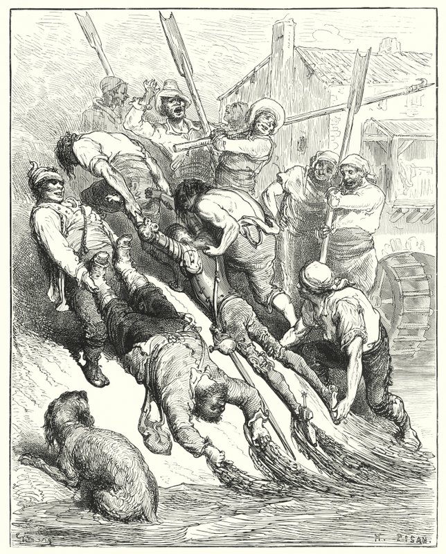 Gustave Dore Don Quijote: "Mindkettőjüket kivonták a partra, inkább átáztak, mint szomjasak" (metszet) alkotó: Gustave Dore