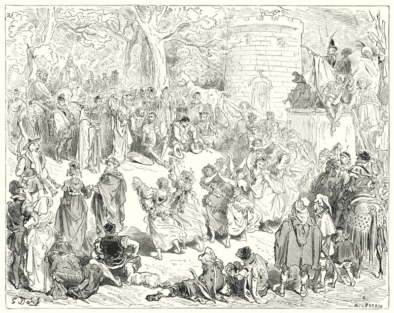 Gustave Dore Don Quijote: "Egy tiszteletreméltó öregember és egy matróna vezette őket" (metszet) alkotó: Gustave Dore