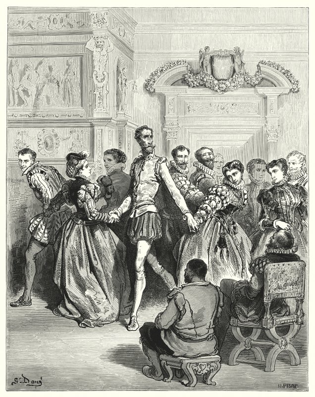 Gustave Dore Don Quijote: „Két hölgy főként Don Quijote előtt vonult be” (metszet) alkotó: Gustave Dore
