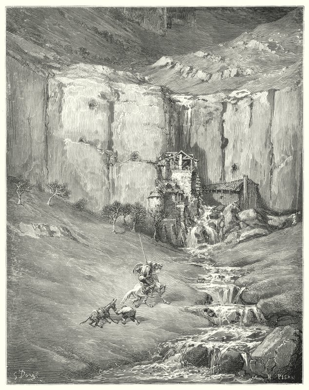 Gustave Dore Don Quijote: "Amikor közelebb jöttek, még maga Rozinante türelmes is belekezdett a félelmetes hangba" (metszet) alkotó: Gustave Dore