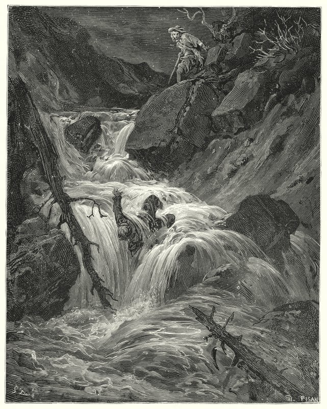 Gustave Dore Don Quijote: "A kevés erővel lenyomtam őt egy szakadékba, ahol hagytam" (metszet) alkotó: Gustave Dore