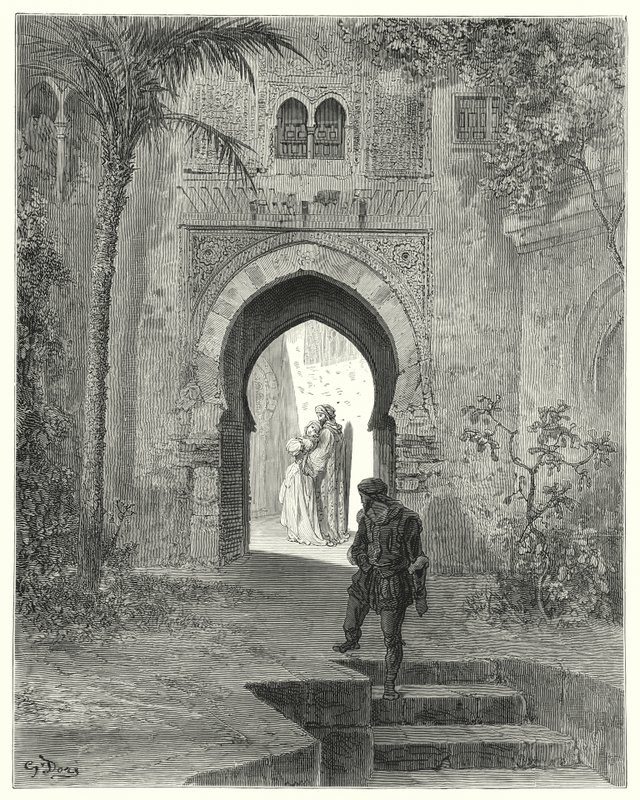 Gustave Dore Don Quijote: "Zoraida, aki látszólag gondot mutatott, elment az apjával" (metszet) alkotó: Gustave Dore