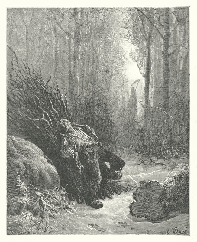 La Fontaine meséi: Fontaine: A halál és a favágó (metszet). alkotó: Gustave Dore