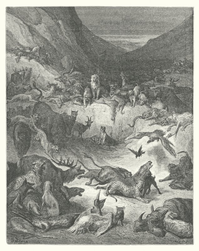 La Fontaine meséi: (metszet): A pestisben megbetegedett állatok (metszet) alkotó: Gustave Dore