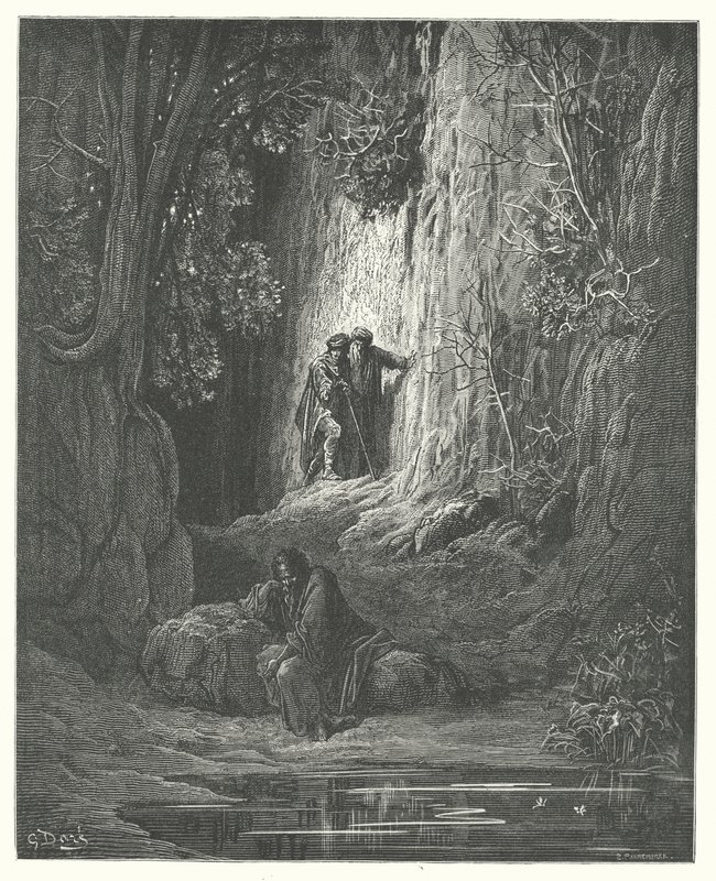 La Fontaine meséi: A döntőbíró, az Almoner és a remete (metszet). alkotó: Gustave Dore