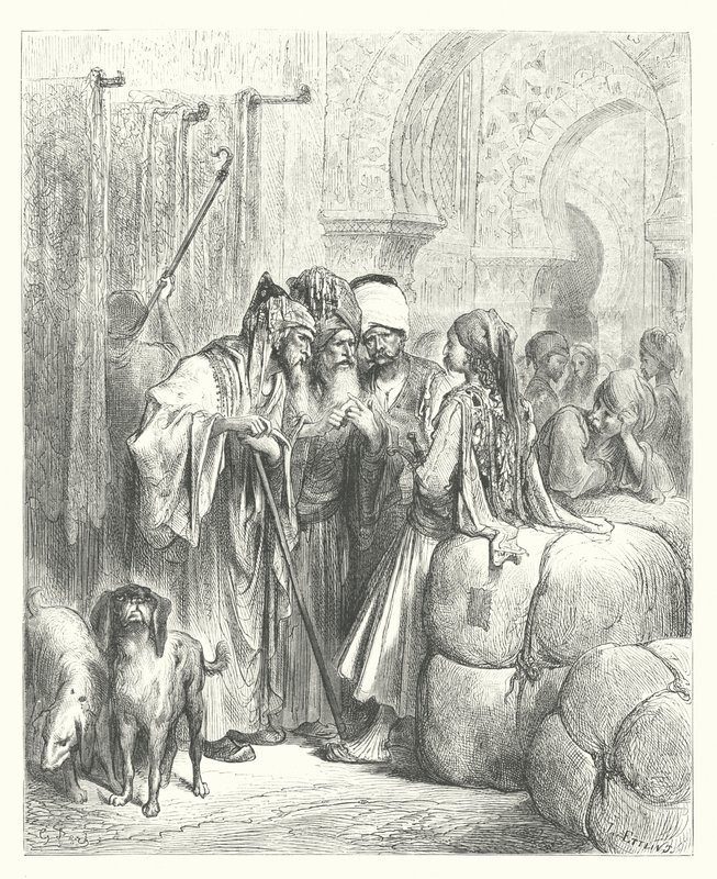La Fontaine meséi: A basaw és a kereskedő (metszet) alkotó: Gustave Dore