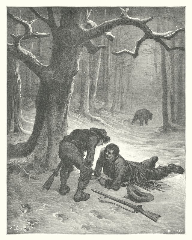 La Fontaine meséi: A medve és a két barát (metszet): A medve és a két barát (metszet) alkotó: Gustave Dore