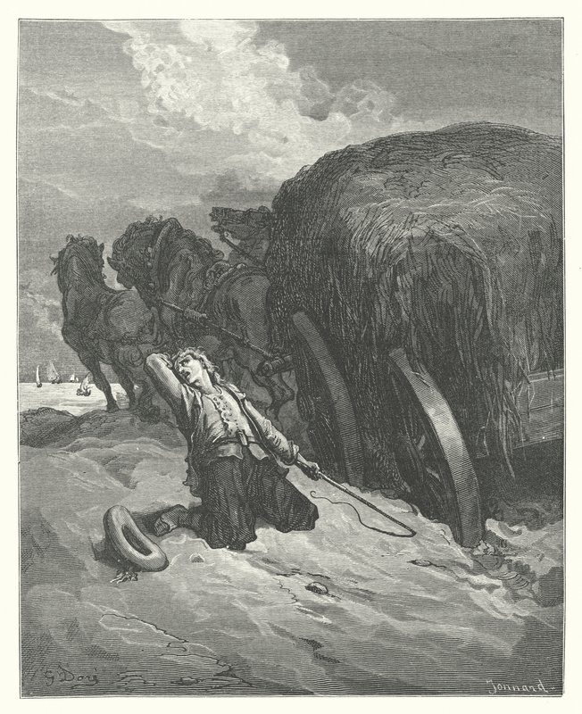 La Fontaine meséi: (metszet): A sárban ragadt szekér (metszet) alkotó: Gustave Dore
