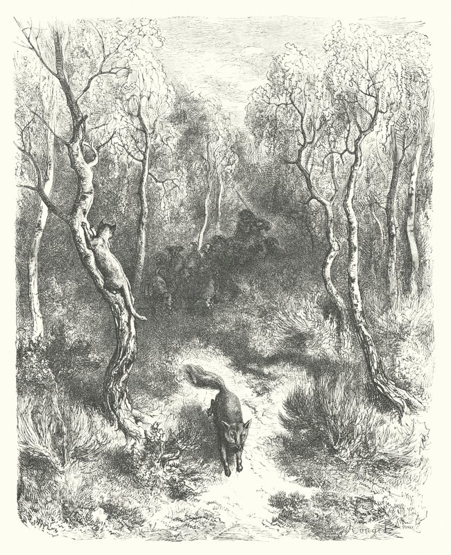 La Fontaine meséi: Fontaine: A macska és a róka (metszet). alkotó: Gustave Dore