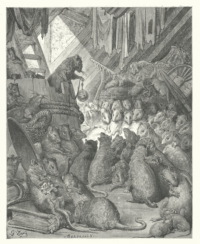 La Fontaine meséi: A patkányok által tartott tanácskozás (metszet) alkotó: Gustave Dore