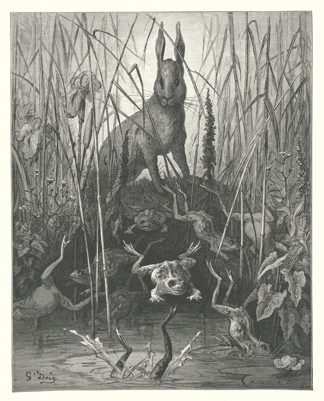 La Fontaine meséi: Fontaine: A nyúl és a békák (metszet). alkotó: Gustave Dore