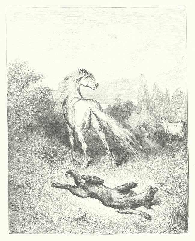 La Fontaine meséi: Fontaine: A ló és a farkas (metszet). alkotó: Gustave Dore