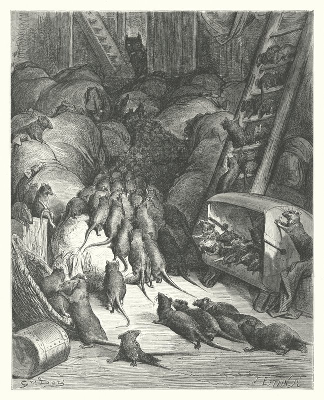La Fontaine meséi: A patkányok ligája (metszet). alkotó: Gustave Dore