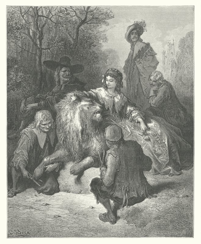 La Fontaine meséi: Fontaine: A szerelmes oroszlán (metszet) alkotó: Gustave Dore