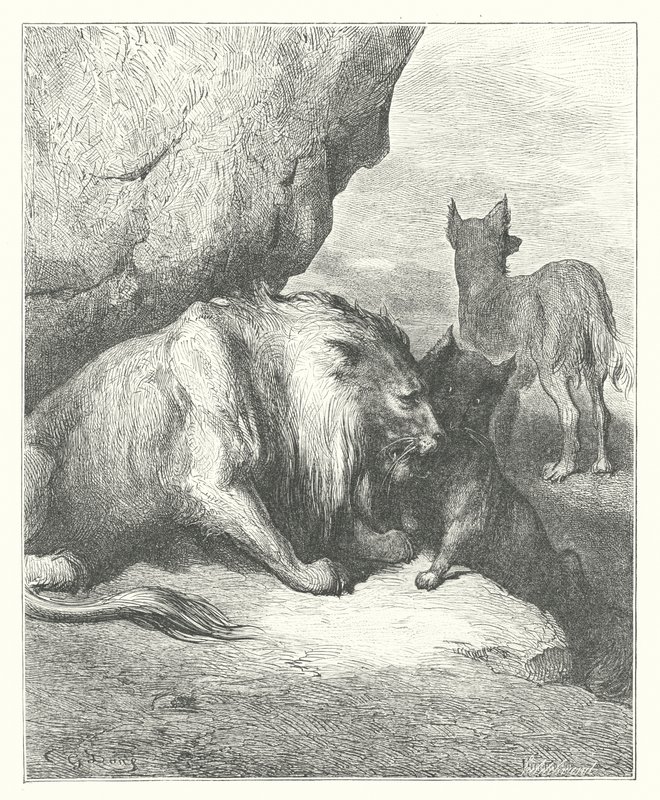 La Fontaine meséi: Fontaine: Az oroszlán, a farkas és a róka (metszet). alkotó: Gustave Dore