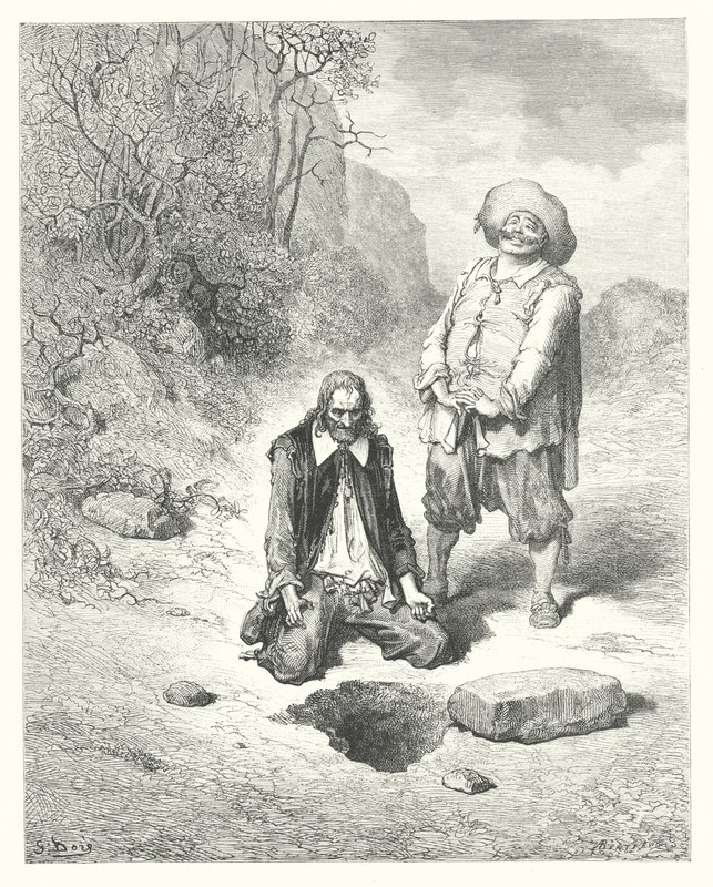 La Fontaine meséi: Fontaine: A fösvény, aki elvesztette kincsét (metszet) alkotó: Gustave Dore