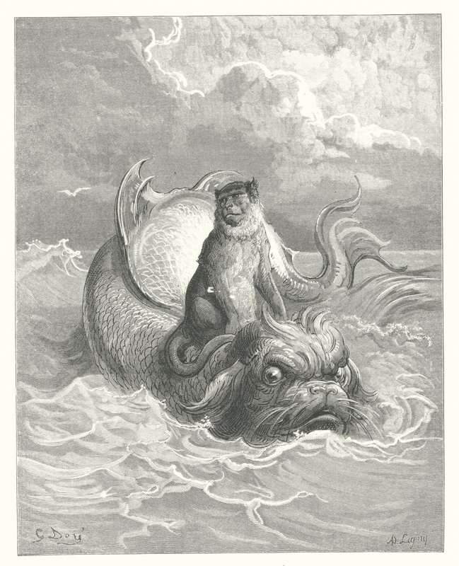 La Fontaine meséi: Fontaine: A majom és a delfin (metszet). alkotó: Gustave Dore