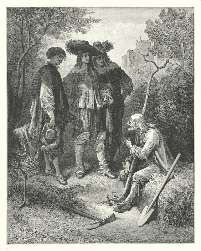 La Fontaine meséi: Fontaine: Az öregember és a három fiatalember (metszet). alkotó: Gustave Dore