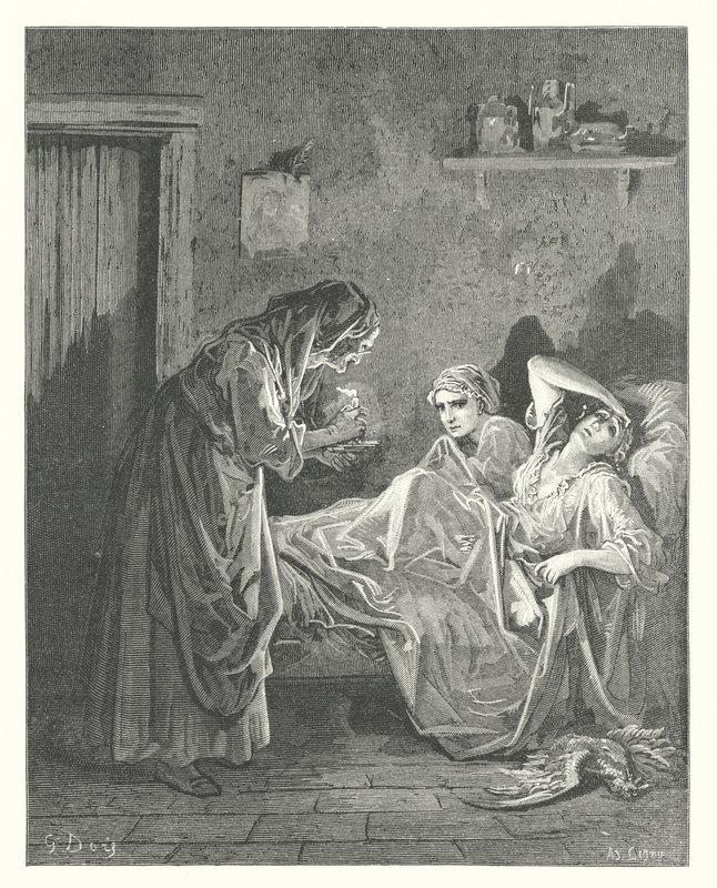La Fontaine meséi: Fontaine: Az öregasszony és szolgái (metszet). alkotó: Gustave Dore