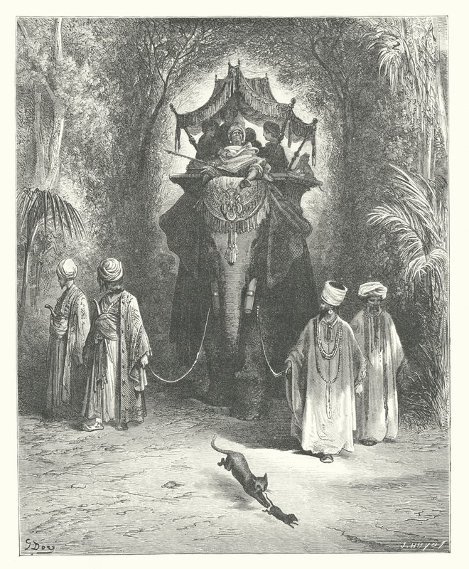 La Fontaine meséi: Fontaine: A patkány és az elefánt (metszet). alkotó: Gustave Dore