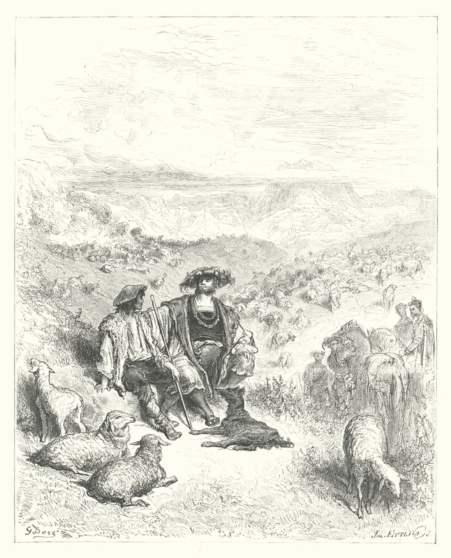 La Fontaine meséi: Fontaine: A pásztor és a király (metszet). alkotó: Gustave Dore