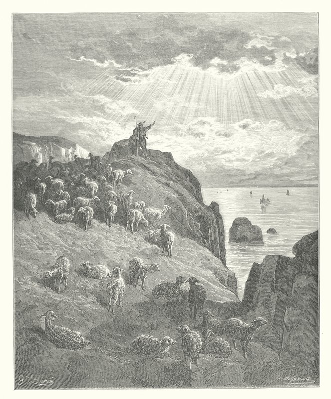 La Fontaine meséi: Fontaine: A pásztor és a tenger (metszet). alkotó: Gustave Dore