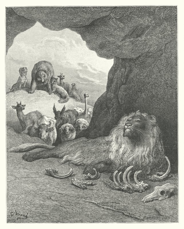 La Fontaine meséi: Fontaine: A beteg oroszlán és a róka (metszet). alkotó: Gustave Dore
