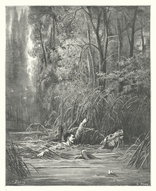 La Fontaine meséi: Fontaine: A patak és a folyó (metszet). alkotó: Gustave Dore