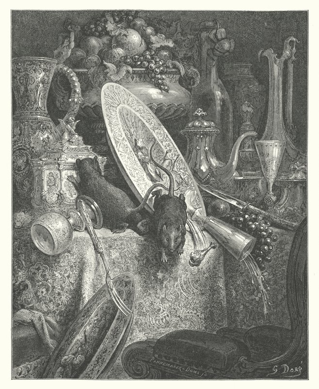 La Fontaine meséi: Fontaine: A városi patkány és a vidéki patkány (metszet) alkotó: Gustave Dore