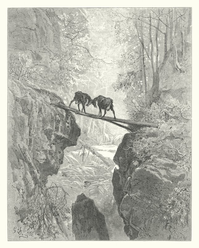 La Fontaine meséi: Fontaine: A két kecske (metszet) alkotó: Gustave Dore