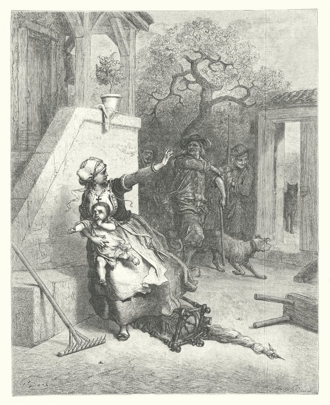 La Fontaine meséi: A farkas, az anya és a gyermek (metszet). alkotó: Gustave Dore