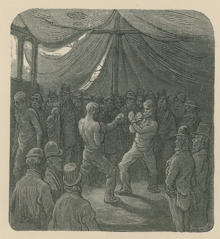 Két férfi bokszol, miközben a tömeg nézi alkotó: Gustave Dore