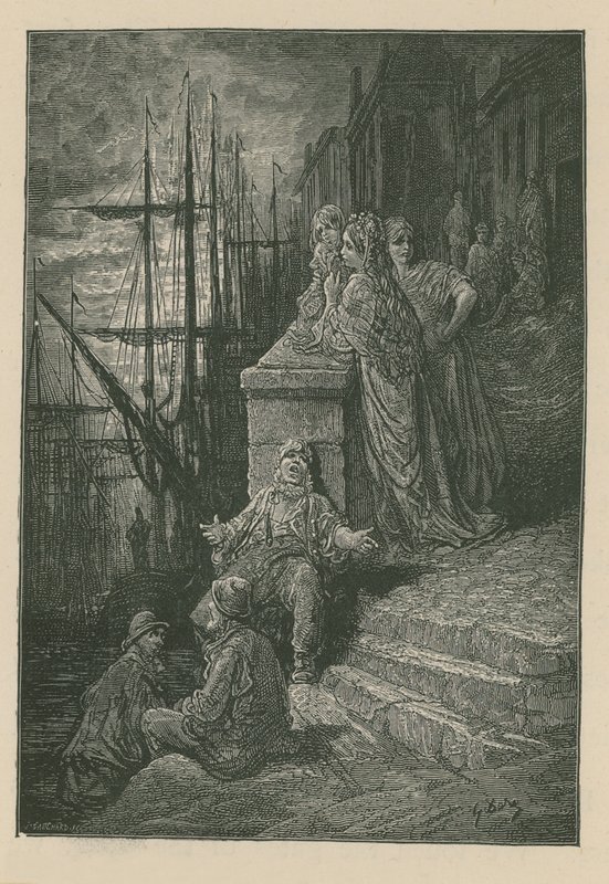 Waterman családja egy lépcsőn a Temze mellett alkotó: Gustave Dore