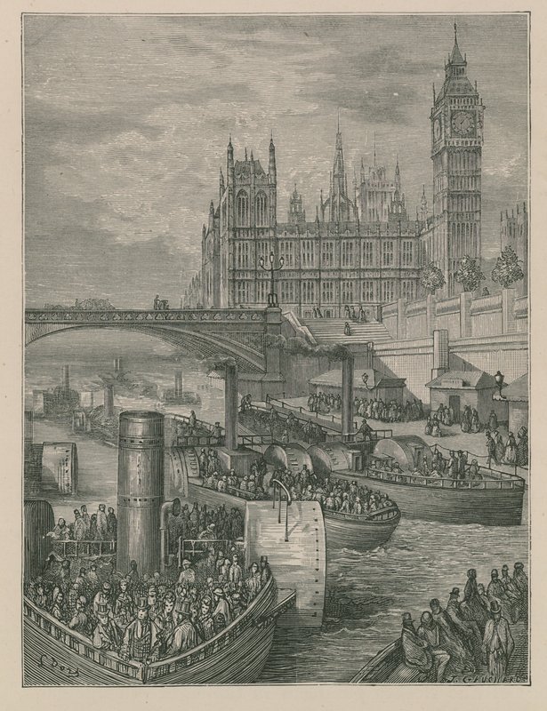 Westminster Stairs – gőzhajók indulnak alkotó: Gustave Dore