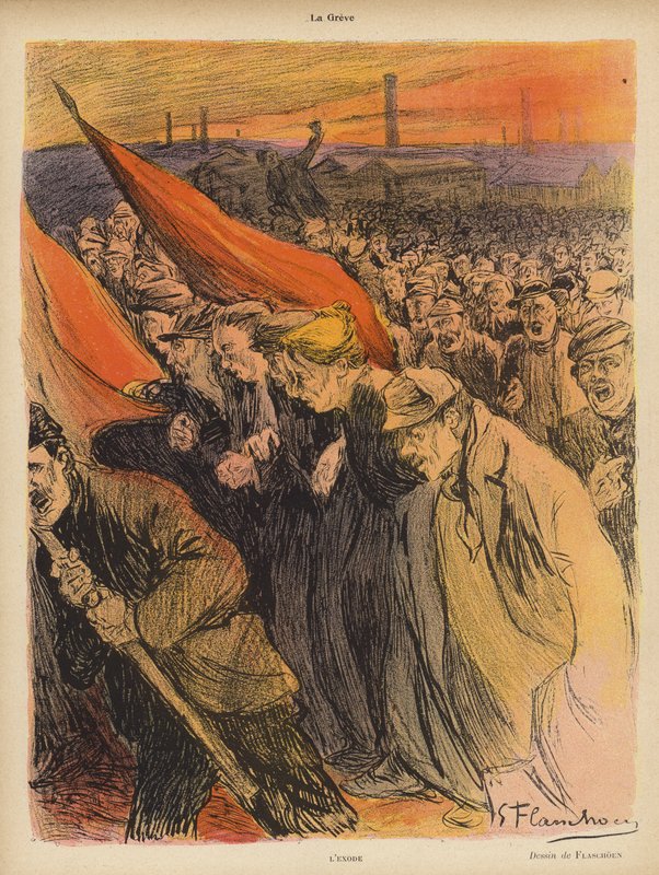 Ipari sztrájk: The Exodus, 1902 körül (színes litho) alkotó: Gustave Flasschoen