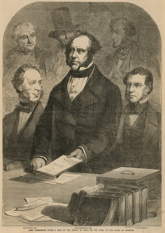 Lord Palmerston az alsóház asztalára teszi a békeszerződés egy példányát alkotó: Gustave Janet