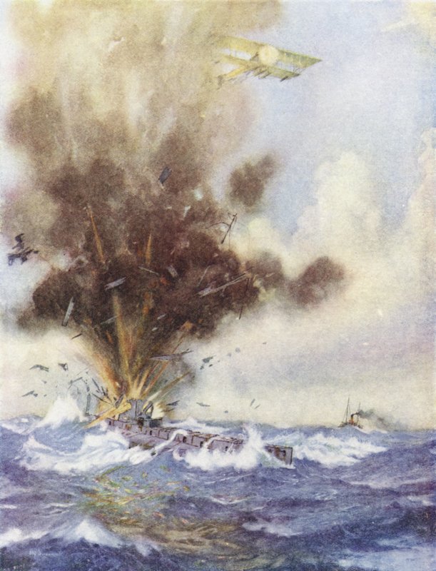 Arthur Bigsworth századparancsnok bombákkal támad egy német tengeralattjárót, amely megtölti és elsüllyed Oostende előtt, Belgiumban, 1915. augusztus 26. alkotó: H. G. Swanwick