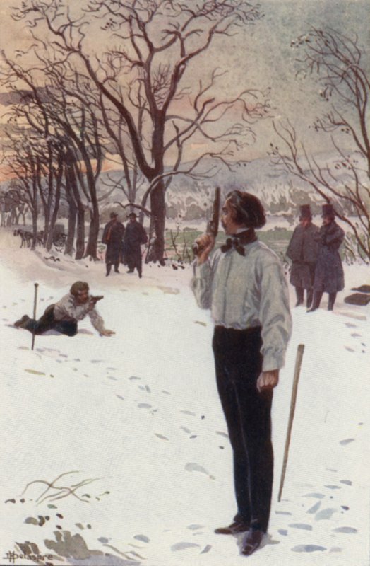 Henri mozdulatlanul állt és pisztolyával eltakarta az arcát, és várt (színes litho) alkotó: H. Delaspre