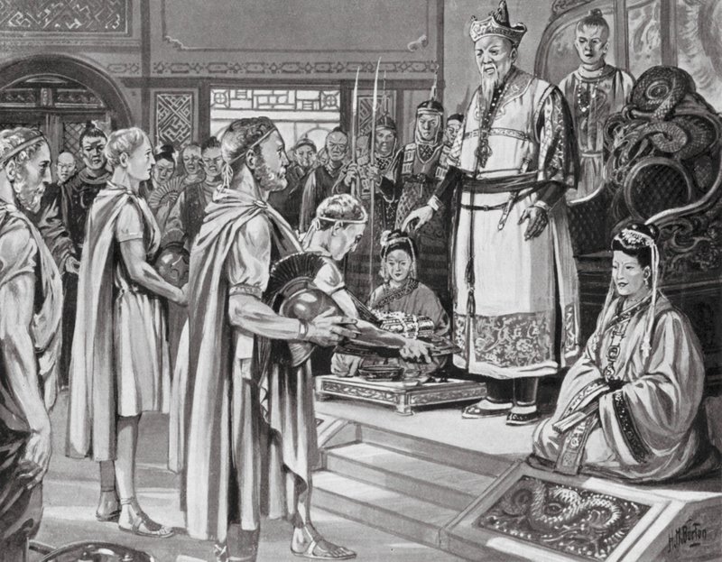 A kínai császár küldetést kap (litográfia) alkotó: H. M. (after) Burton