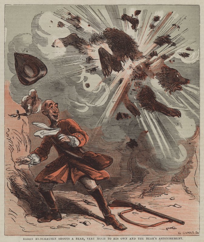 Münchausen báró lelő egy medvét, saját és a medve legnagyobb meglepetésére (színes litho) alkotó: after Hablot Knight Browne