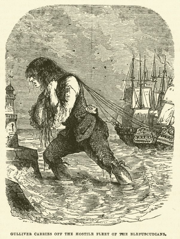 Gulliver elviszi a Blefuscudians ellenséges flottáját (metszet) alkotó: after Hablot Knight Browne