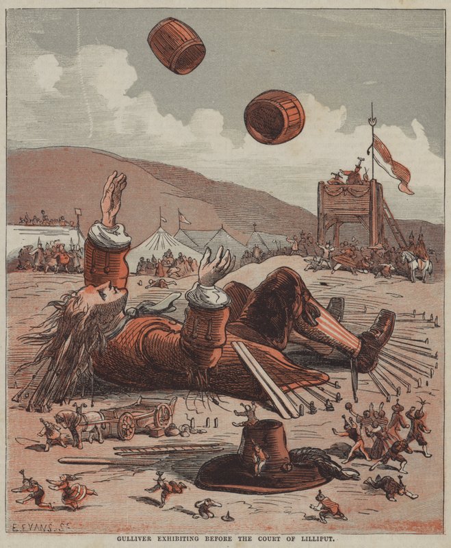 Gulliver kiállítás a liliputi udvar előtt (színes litó) alkotó: after Hablot Knight Browne