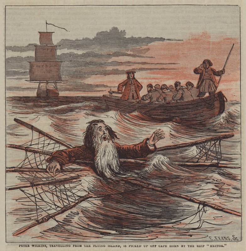 Peter Wilkinst, aki a Flying Islandről utazik, felveszi a Horn-fokról a "Hector" hajó (színes litho) alkotó: after Hablot Knight Browne