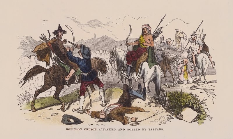 Robinson Crusoe-t megtámadták és kirabolták a tatárok (színes metszet) alkotó: after Hablot Knight Browne