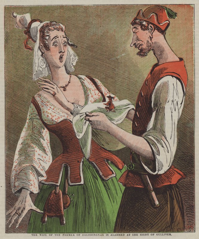 A brobdingnagi gazda felesége megriad Gulliver (színes litó) láttán alkotó: after Hablot Knight Browne
