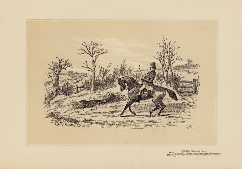 Vadászati vázlatok, No 4, Az ember, aki a sávokon lovagolt (metszet) alkotó: Hablot Knight (1815 92) Browne