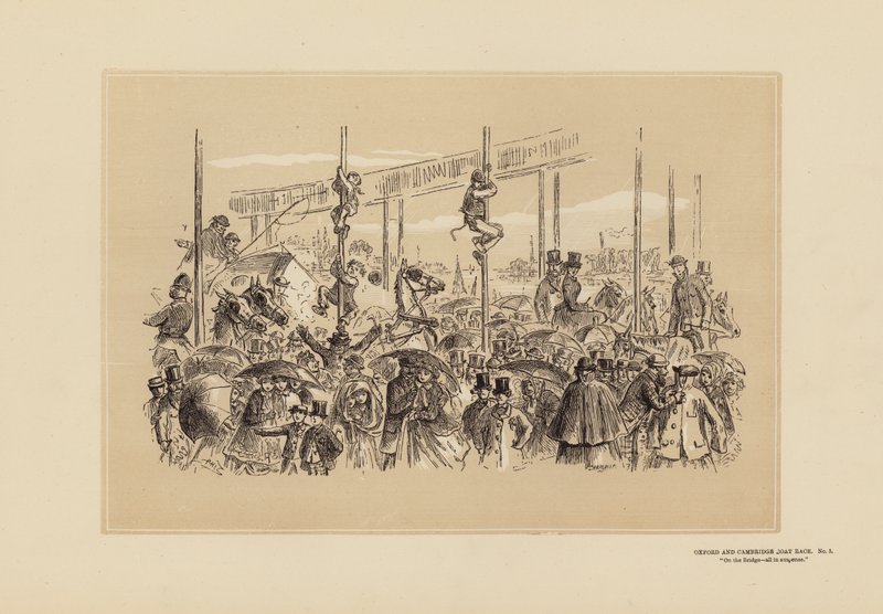 Oxford és Cambridge hajóverseny, 3. sz., A hídon (metszet) alkotó: Hablot Knight (1815 92) Browne