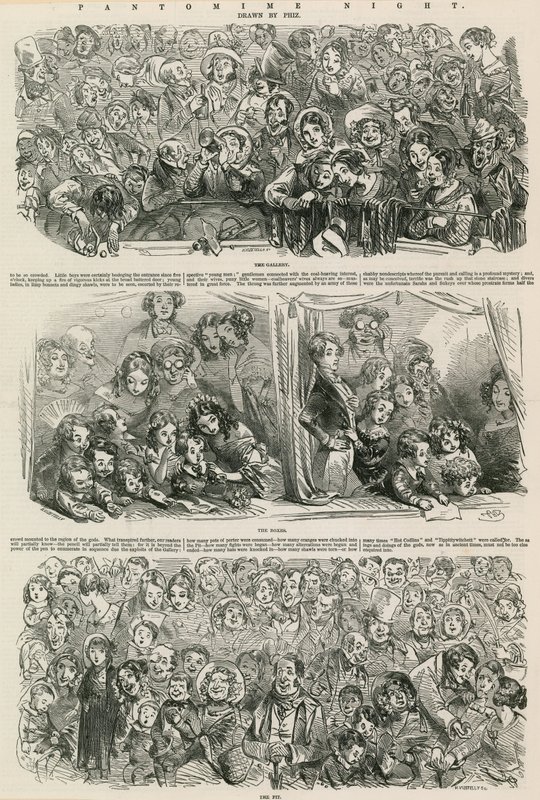 Pantomim éjszaka: A galéria, a dobozok, a gödör (metszet) alkotó: Hablot Knight Browne