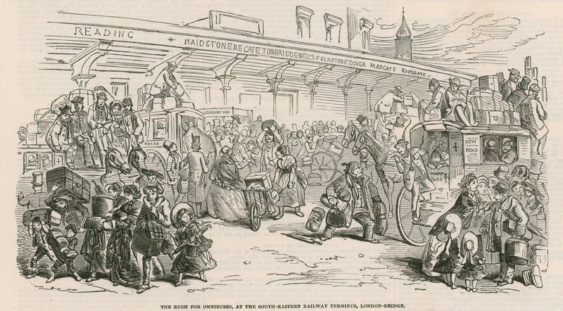 A nagy taxissztrájk: rohanás az omnibuszokért a délkeleti vasúti végállomáson, a London Bridge-nél alkotó: Hablot Knight Browne