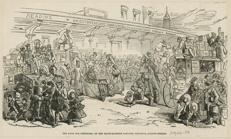 Rohanás az omnibuszokért a délkeleti vasúti végállomáson, a London Bridge-en alkotó: Hablot Knight Browne